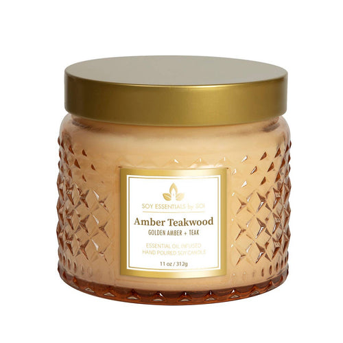 Amber Teakwood 11oz Faceted Glass Jar Soy Candle