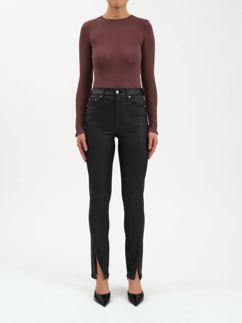 High-rise coated black split hem pants