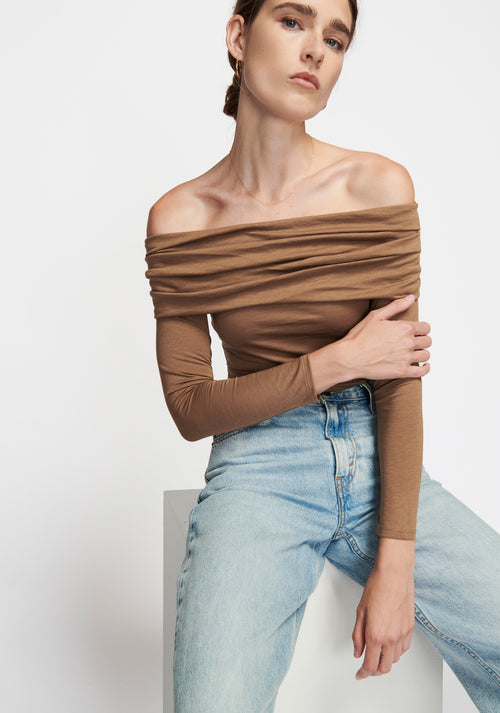 ￼ off the shoulder brown caramel colored long sleeve top