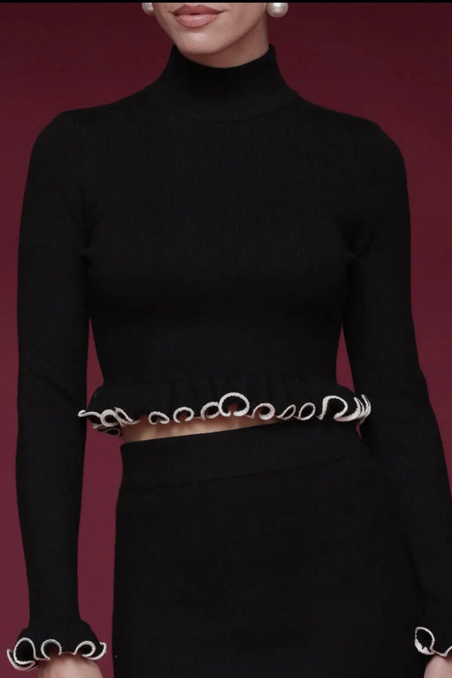 Lacey Ruffle Turtleneck Sweater in black