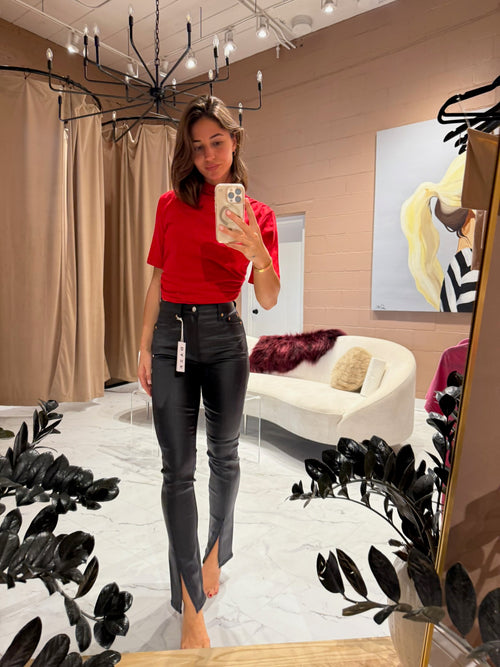 High-rise coated black split hem pants