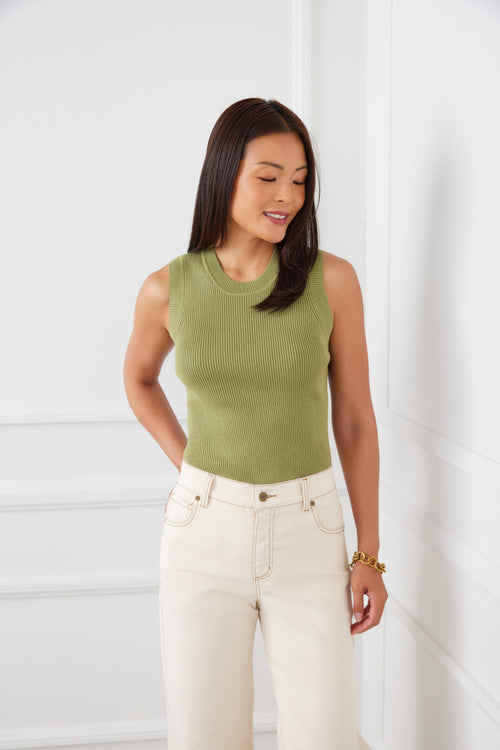 womens moss green ribbed tank sweater with high neck and textured trim