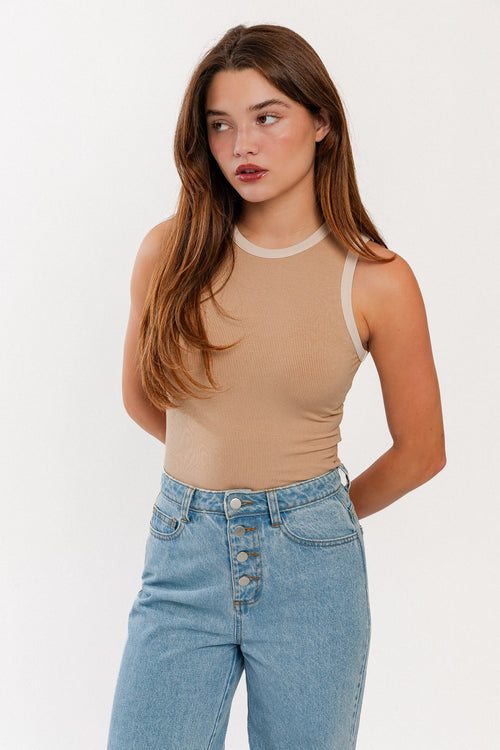 Taupe high neck, sleeveless women’s bodysuit with cream edging