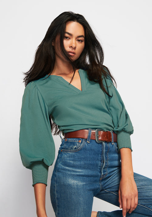 womens jade v neck top with puff sleeves and smocked cuffs