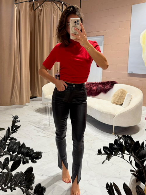 High-rise coated black split hem pants