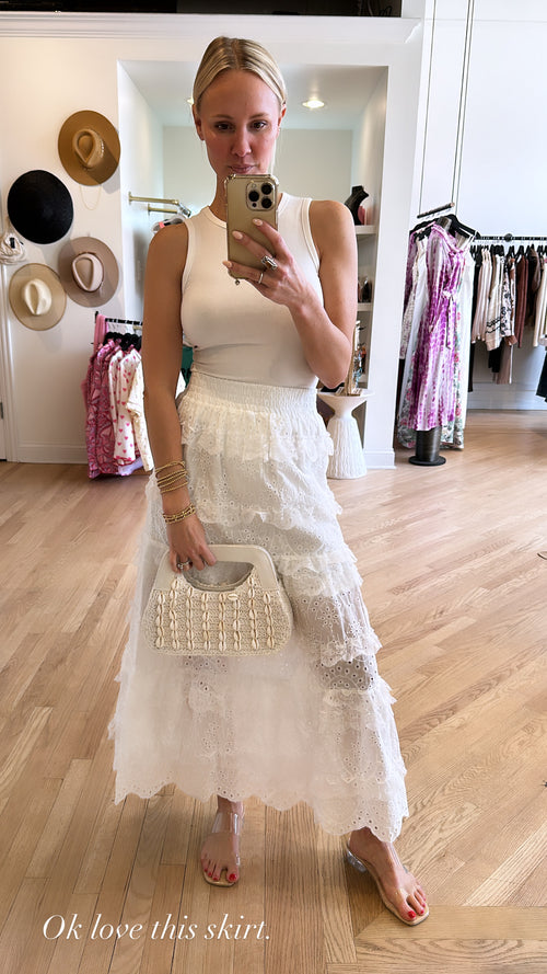White tied Lace Maxi skirt with elasticated waist and frilly bottom