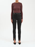 High-rise coated black split hem pants