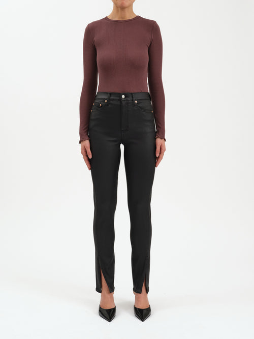 High-rise coated black split hem pants