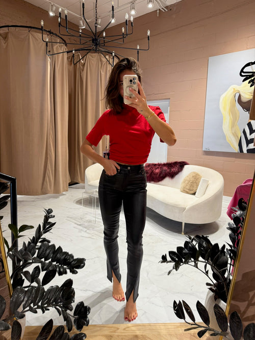 High-rise coated black split hem pants
