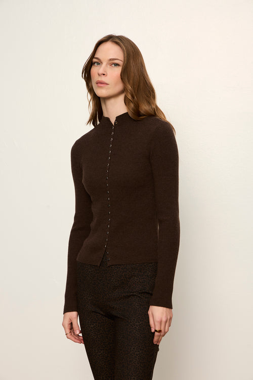 HIGH NECK RIBBED CARDIGAN