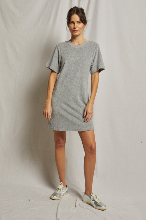 Soft loop Terry fabric mini dress with crew neck and short sleeves ￼