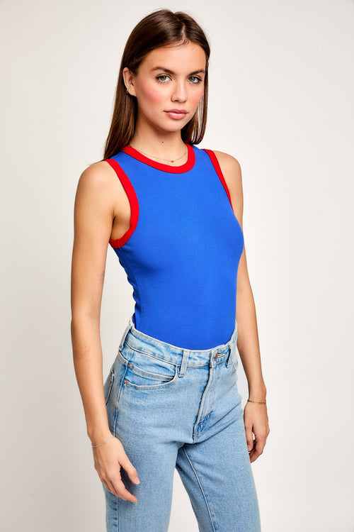 Perfect colorblock bodysuit blue with red