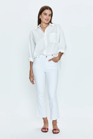 White cropped Jean high-rise waist with pin tucked center seam down the leg