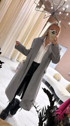 Women’s long light grey coat, open front design with  collars and vent at the back sizes XS to Large