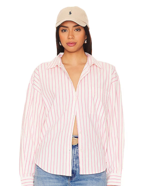 Sloane shirt pink striped button down in Xsmall, small, medium and large. 