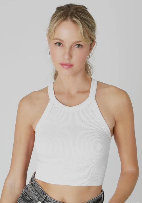 Women’s high neck, tank top, ribbed cropped in white one size