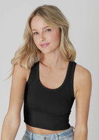 Women’s black textured, crop tank top, fitted one size. 