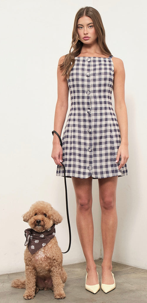 Woman in a checkered dress standing next to a dog on a leash against a white background