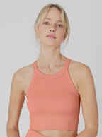 Women’s high neck, cropped tank top in orange fitted ribbed, one size