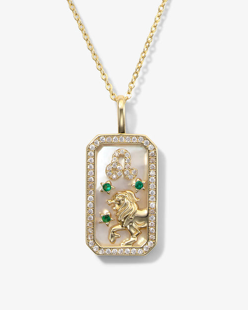 Gold necklace with a rectangular pendant featuring a lion design on a white background
