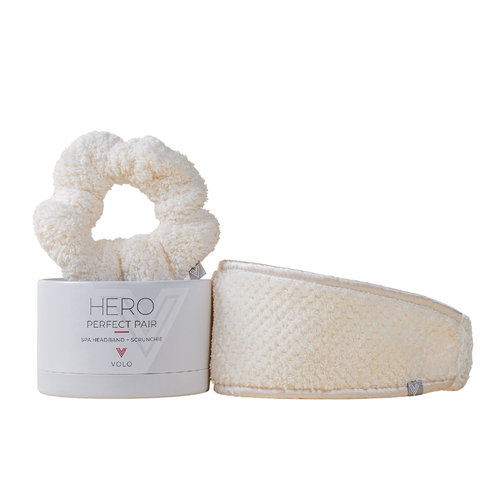 Set of cream-colored headband and scrunchie with 'Hero Perfect Pair' packaging on a white background