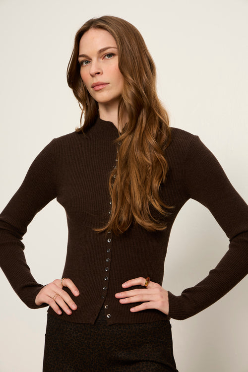 HIGH NECK RIBBED CARDIGAN