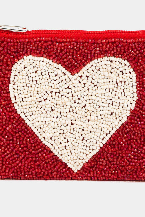 White Heart Seed Beaded Coin Purse
