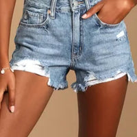 Distressed hem denim shorts