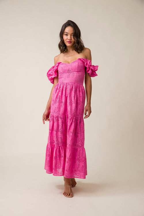 Bright pink, midi dress in an eyelet material with ruffle strap sleeves that can be worn on or off the shoulder ￼